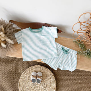 Summer Baby New Set Blue White Stripes Simple Comfortable Short Sleeves+Loose Sports Beach Shorts Boys Girls Clothing - RYAN AND REMI