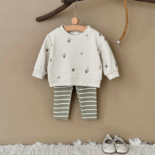 2PCS Spring Autumn New Style For 0-3 Year Old Girls, Comfortable Sweet Cute Floral Embroidery O-neck Pullover+ Striped Pant - RYAN AND REMI