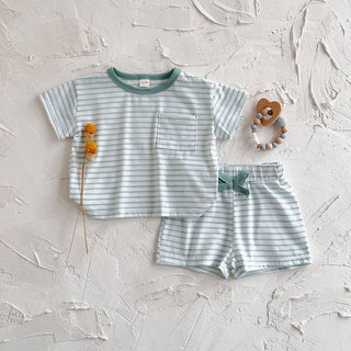 Summer Baby New Set Blue White Stripes Simple Comfortable Short Sleeves+Loose Sports Beach Shorts Boys Girls Clothing - RYAN AND REMI