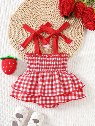 Baby Girl Strawberry Gingham Smocked Tie-Strap Romper Dress – Stretchy Shirred Bodice & Layered Skirt, Cute Summer One-Piece Out - RYAN AND REMI