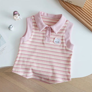 Baby Girl Summer Set Korean Style Polo Collar Striped Vest And Pleated Shorts Set Children's Outfit - RYAN AND REMI