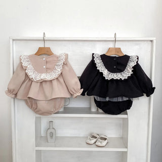 Autumn new baby girl princess jumpsuit Korean version lace lotus leaf collar long sleeved skirt bag fart - RYAN AND REMI