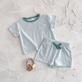 Summer Baby New Set Blue White Stripes Simple Comfortable Short Sleeves+Loose Sports Beach Shorts Boys Girls Clothing - RYAN AND REMI