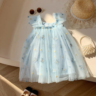 Toddler Girls Flying Sleeve Dress Children's Birthday Princess Party Embroidered Butterfly Mesh Dress Summer Dress for Baby Girl - RYAN AND REMI