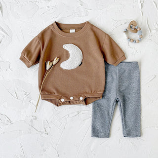 Spring Autumn Korean Style New Baby Boy Girl Clothes Set Moon Patch Long Sleeves Jumpsuit Grey Pants 2Pcs Kid Casual Cute Outfit - RYAN AND REMI