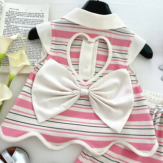 Bear Leader Summer New Girl Outfits Cartoon Stripe Suit Fashion Bareback Big Bow Top + Shorts Casual Child Sets 3-7 Years Old - RYAN AND REMI