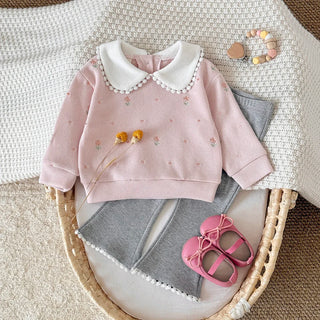 1-3 Years Toddler Girl 2Pcs Set Floral Embroidery Sweatshirt + Flare Pants Casual Daily Outfit for Baby Girls - RYAN AND REMI