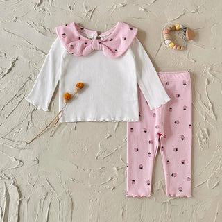 Toddler Boy Outfits Bow Collar Fruit Print Long Sleeve Sweatshirt Pink Pants Set Spring Fall Clothes Baby Girl Clothes - RYAN AND REMI