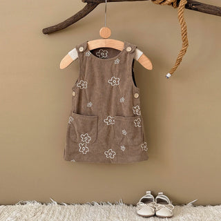 Autumn New Newborn Girls Sleeveless Dress Corduroy Small Flower Embroidered Baby Girl Strap Dress with Two Pockets - RYAN AND REMI