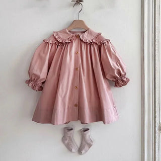 2026 Spring New Children Long Sleeve Casual Dress Cotton Girls Cute Loose Puff Sleeve Dress Toddler Cardigan Dress Kids Clothes - RYAN AND REMI