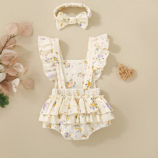 Summer girls, infants, flowers, flowers, plants, embroidered flying sleeves, hagi and bow scrunchie, two-piece set - RYAN AND REMI
