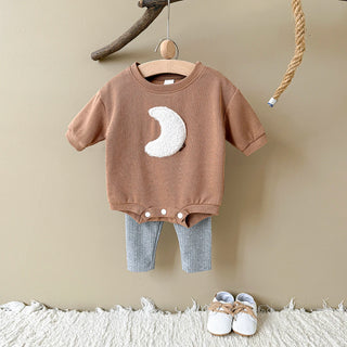 Spring Autumn Korean Style New Baby Boy Girl Clothes Set Moon Patch Long Sleeves Jumpsuit Grey Pants 2Pcs Kid Casual Cute Outfit - RYAN AND REMI