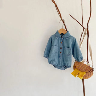 Spring clothing, baby girl, baby's hundred day outfit, denim long sleeved hoodie, one-piece hoodie, triangle climbing suit, loos - RYAN AND REMI