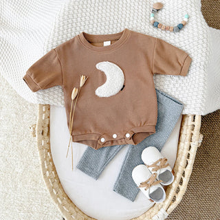 Spring Autumn Korean Style New Baby Boy Girl Clothes Set Moon Patch Long Sleeves Jumpsuit Grey Pants 2Pcs Kid Casual Cute Outfit - RYAN AND REMI