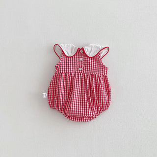 3M-2T Summer Korean Baby Clothing Strawberry Embroidery Girls Bodysuits Red Sleeveless Lace Collar Clothes for Newborns - RYAN AND REMI