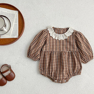 Brown Ruffled Collar Checkered Romper - RYAN AND REMI