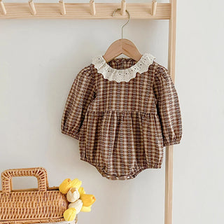 Brown Ruffled Collar Checkered Romper - RYAN AND REMI