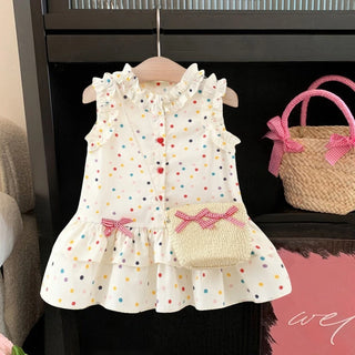 Cotton Dress for Baby Girl Heart Shaped Button Colorful Polka Dot Bow Dress Send Bag - RYAN AND REMI