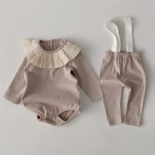 3 pcs  Frill Neckline Bodysuit and Suspender Leggings With Hat Set - RYAN AND REMI
