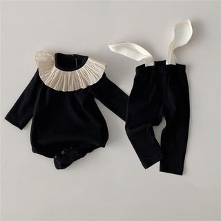3 pcs  Frill Neckline Bodysuit and Suspender Leggings With Hat Set - RYAN AND REMI