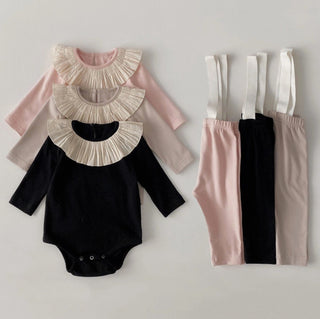 3 pcs  Frill Neckline Bodysuit and Suspender Leggings With Hat Set - RYAN AND REMI